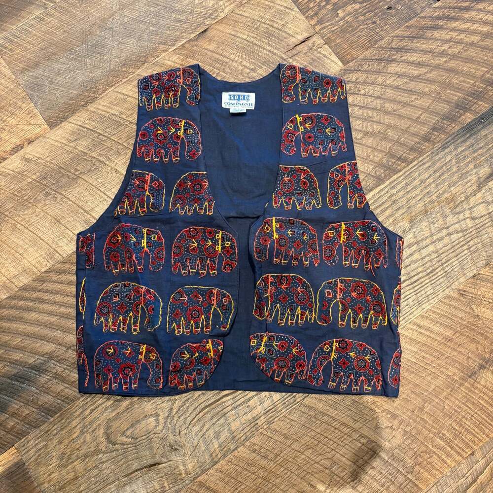 Vintage SOHO Compagnie Elephant Embroidered Boho Vest Small India